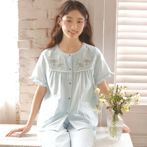 棉质纱布睡衣女纯棉短袖中裤套装日系甜美刺绣夏天家居服两件套