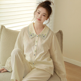 刺绣家居服套装 长袖 可外穿全棉材质 领睡衣春季 高级感女士纯棉衬衫