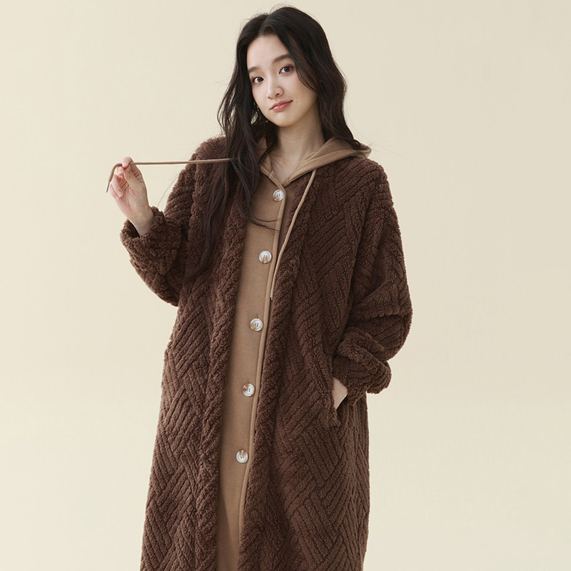 珊瑚绒睡袍女冬季加厚长款连帽浴袍法兰绒学生保暖家居服可外穿