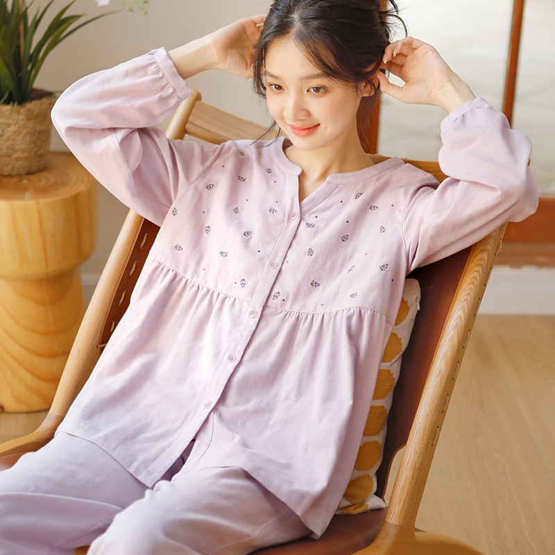 高级感绣花纯棉睡衣女春秋季2025新款防凸点全棉长袖家居服可外穿