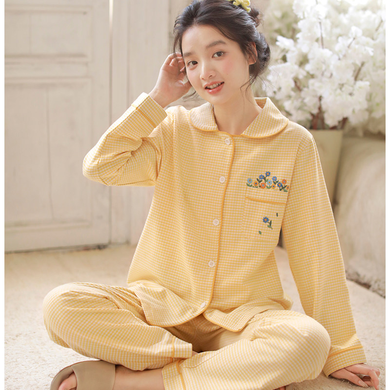 2025新款秋冬全棉睡衣女长袖格子花朵刺绣翻领家居服套装可外穿,女士内衣/男士内衣/家居服,睡衣/家居服套装,淘宝优惠券,粉丝福利购,淘宝优惠卷