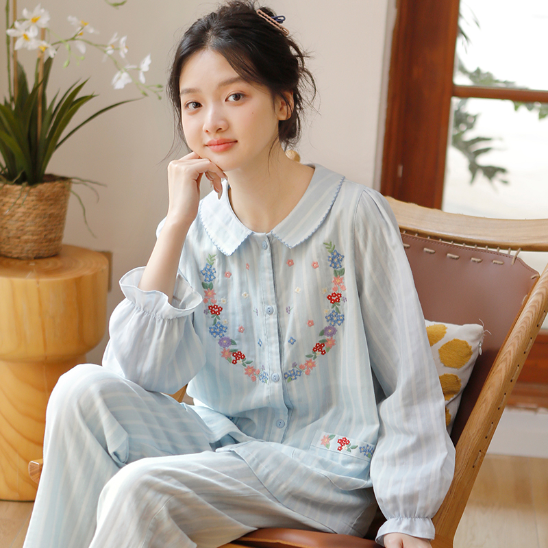 高级感刺绣娃娃领纯棉纱睡衣女春秋季2025年新款长袖家居服可外穿