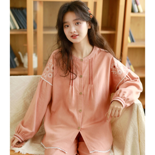 蔓秋纯棉刺绣睡衣女春秋全棉布长袖 可外穿高级感 宽松家居服套装