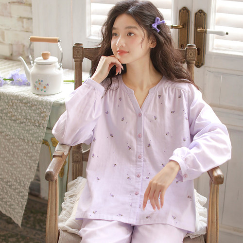 双层纱布春夏女士睡衣长袖空调服