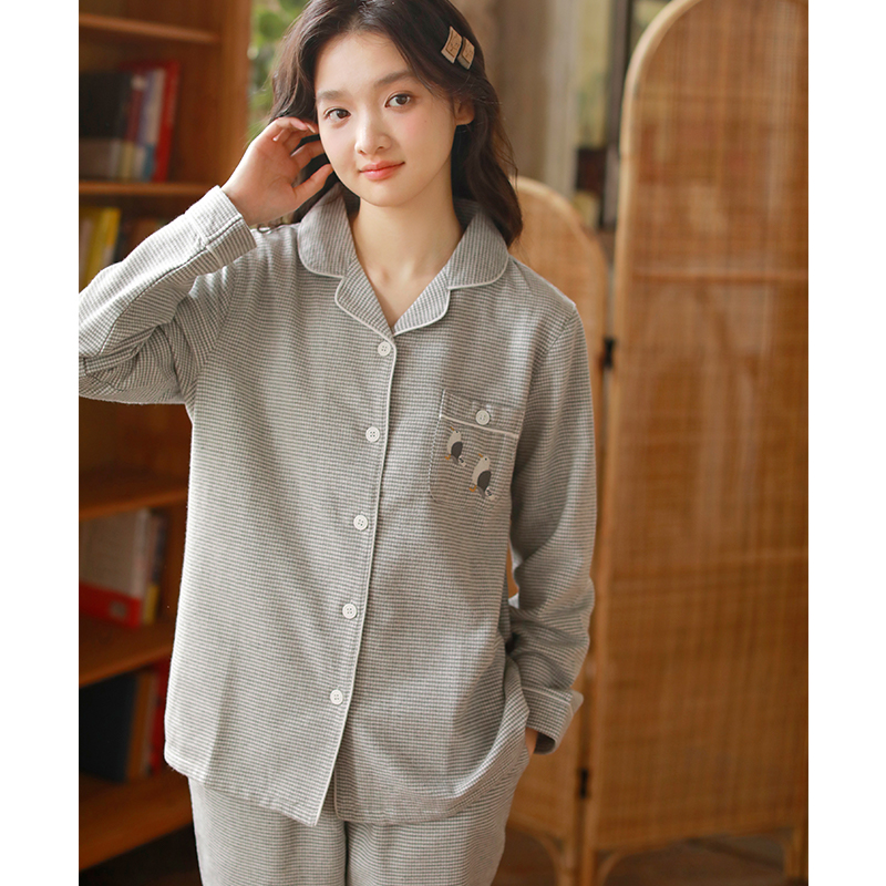 日系简约纯棉睡衣女款秋冬全棉磨毛千鸟格情侣长袖家居服套装加厚