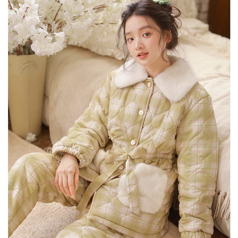 加厚三层夹棉睡衣女秋冬棉袄加长