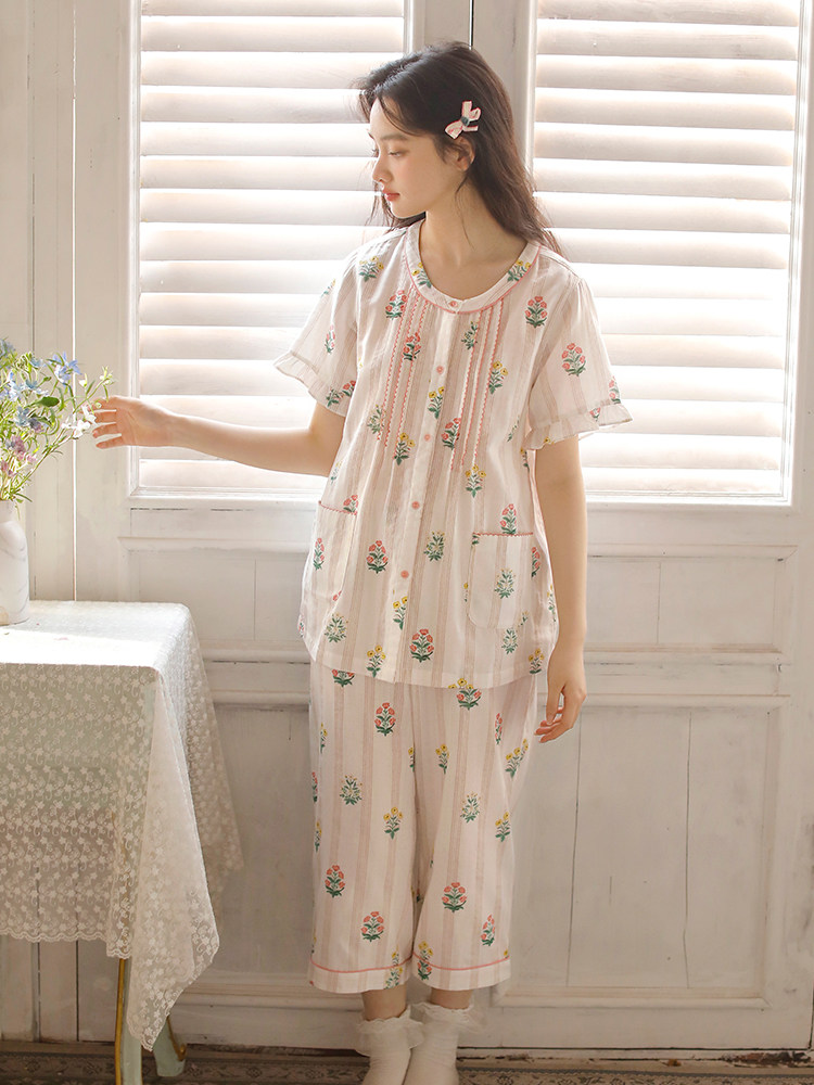 PAJAMAS SUMMER NEW WOMENS COTTON SHORT-SLEEVED CROPPED PANTS FRESH AND SWEET FLORAL LACE SUIT LOOSE LOUNGEWEAR