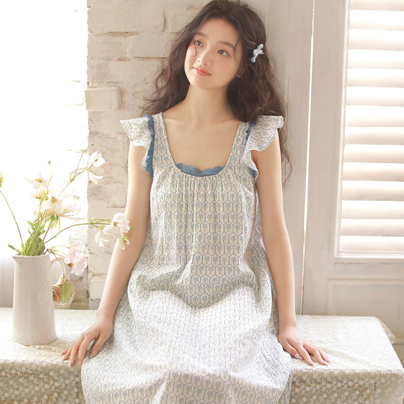 MEJU甜美风小飞袖碎花睡裙女夏纯棉纱吊带胸垫中长款家居服可外穿