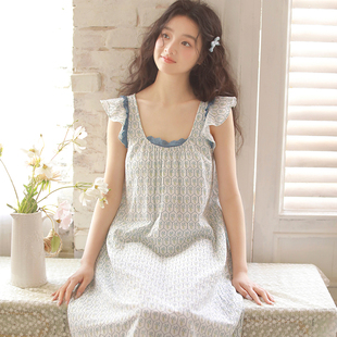 MEJU甜美风小飞袖碎花睡裙女夏纯棉纱吊带胸垫中长款家居服可外穿