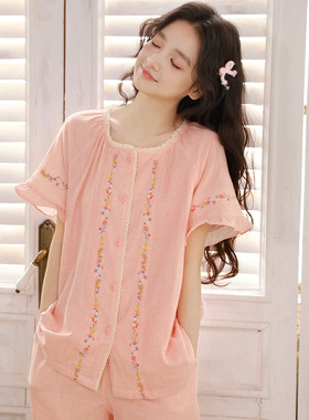 夏季纯棉纱刺绣开衫家居服套装女