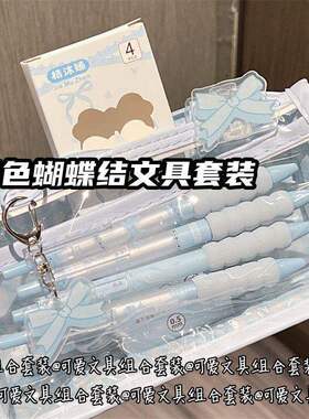蓝色格子蝴蝶结可爱文具套装速干笔袋透明绵绵刷题笔ins风少女心