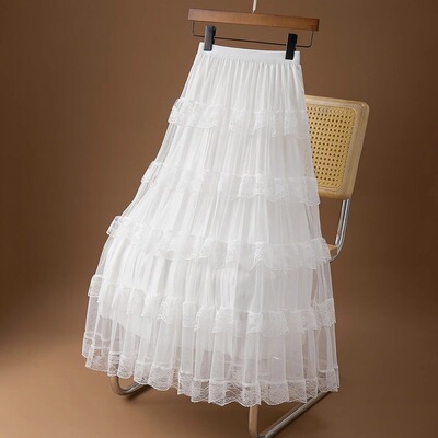 白色半身裙女蕾丝拼接网纱蛋糕裙减龄夏季甜美仙女大摆A字蓬蓬裙