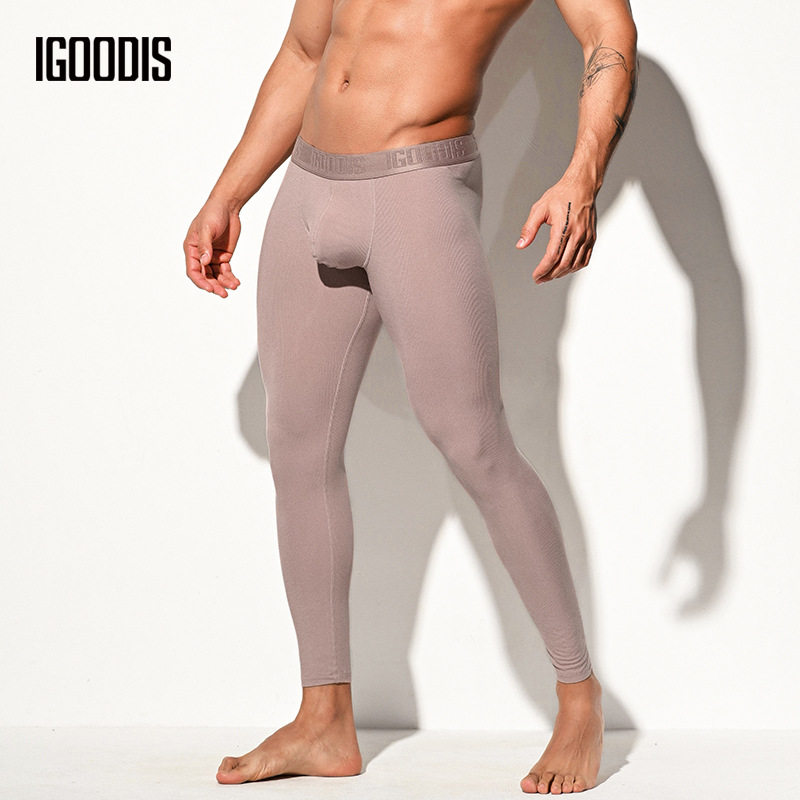 男士莫代尔免穿内裤高弹低腰秋裤打底裤薄款保暖裤健身运动紧身裤