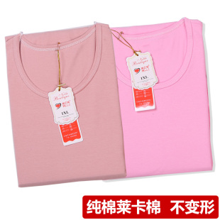 女士圆领纯棉秋衣青年莱卡弹力打底衫妈妈单件长袖上衣春秋棉毛衫