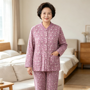 女士纯棉睡衣睡裤中老年人宽松开衫长袖家居服妈妈对襟秋衣秋裤