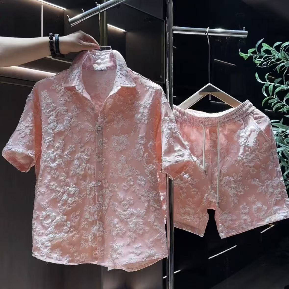 潮男休闲套装夏季款提花设计感