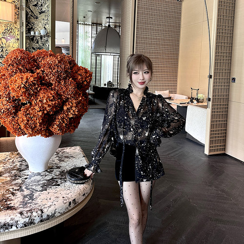 时髦性感花边领雪纺绑带衬衫