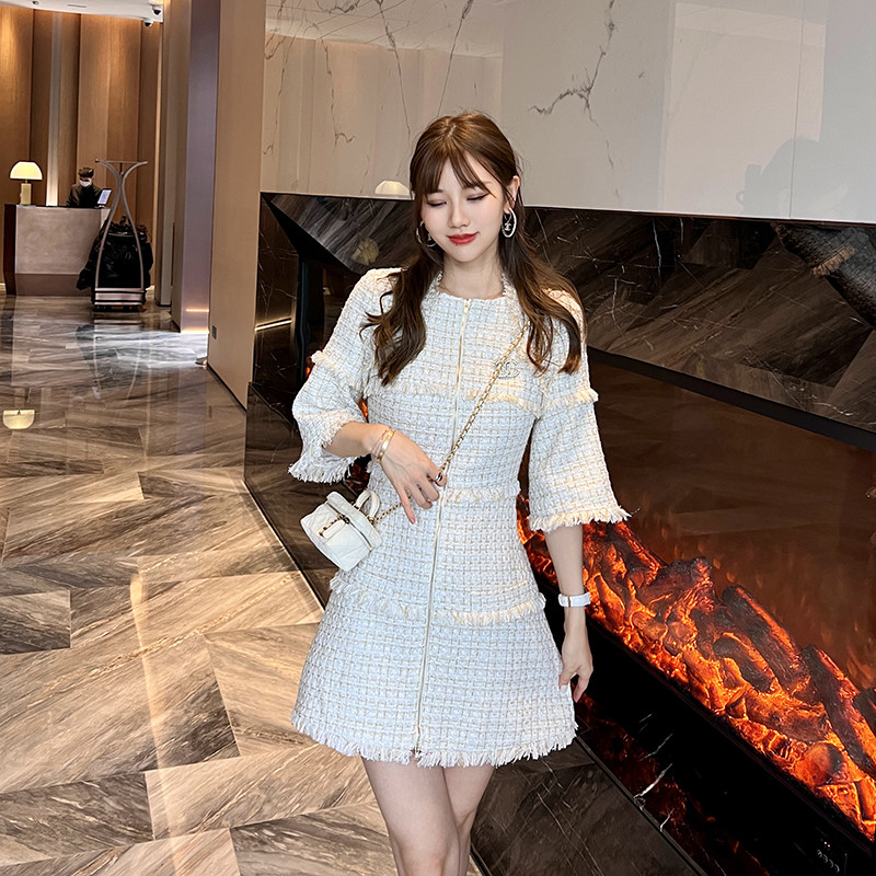 宁芙心心 一衣多穿 设计重磅毛边显瘦小香粗花呢连衣裙,女装/女士精品,连衣裙,淘宝优惠券,粉丝福利购,淘宝优惠卷