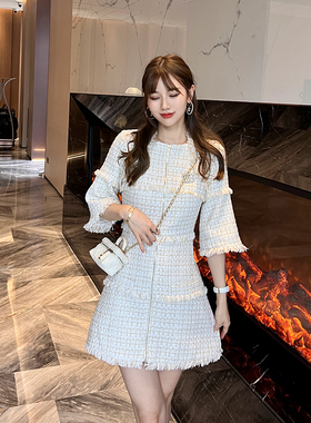 宁芙心心 一衣多穿 设计重磅毛边显瘦小香粗花呢连衣裙