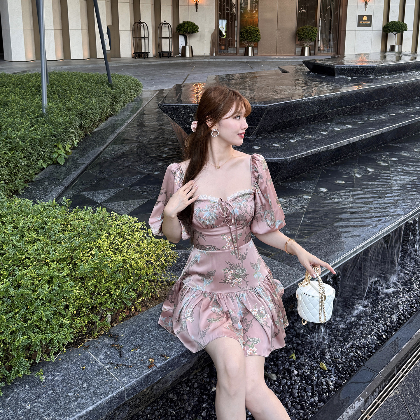 新中式印花绸缎法式茶歇连衣裙