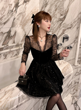 寧芙心心 奢华闪耀 精致亮片蕾丝重工年会礼服裙长袖小黑裙