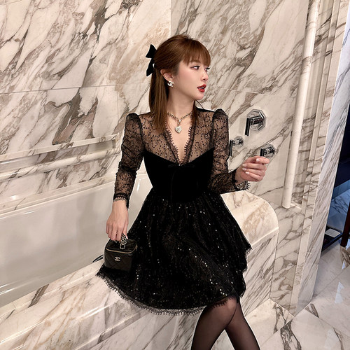 原创设计亮片蕾丝年会酒会礼服裙