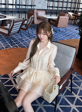 宁芙心心 白月光公主 缎光纱轻奢设计感 气质浅杏蝴蝶结短连衣裙