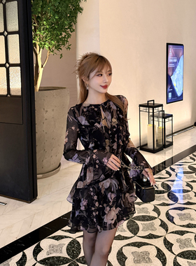 宁芙心心 浪漫绮想 精致荷叶边印花雪纺收腰显瘦原创长袖连衣裙