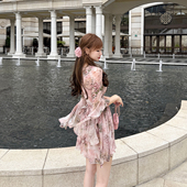 宁芙心心 绑带原创设计连衣裙 雪纺飘逸水袖 浪漫花神2.0 莫奈粉花