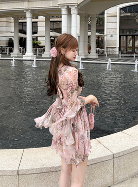 宁芙心心 浪漫花神2.0 莫奈粉花 雪纺飘逸水袖绑带原创设计连衣裙