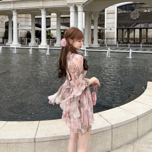 雪纺飘逸水袖 莫奈粉花 绑带原创设计连衣裙 浪漫花神2.0 6折