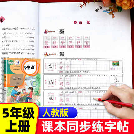 五年级上册字帖语文同步练字帖人教版每日一练 生字帖小学生专用5年级字帖练字笔画笔顺生字钢笔描红楷书练字本田字格写字本部编