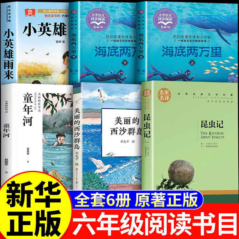 2026秋季校六年级阅读书目 昆虫记+小英雄雨来+童年河+美丽的西沙群岛+海底两万里（上下两册）三读六年级人教版必读校书目正版书