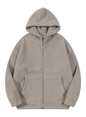 深灰色370g重磅摇粒绒拉链连帽卫衣冬季宽松舒适保暖男女运动外套