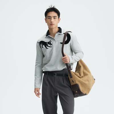 双层撞色领合身月亮狗绣花polo衫