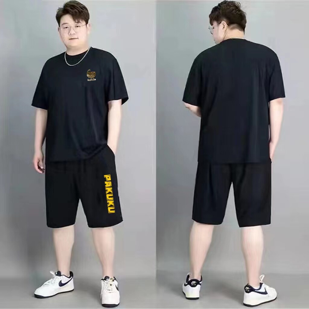 男士夏天套装休闲运动宽松大码胖哥潮流男款短袖短裤冰丝两件套