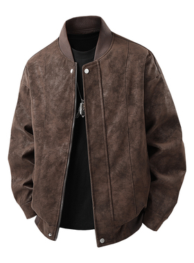 美式复古秋冬加厚款翻领皮衣外套男美拉德机车上衣情侣夹克港风棕