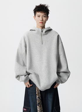 半拉链连帽卫衣男春季美式复古潮流重磅宽松大码oversise上衣外套