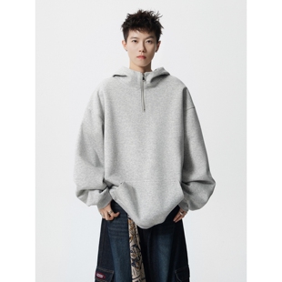 半拉链连帽卫衣男春季美式复古潮流重磅宽松大码oversise上衣外套