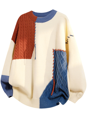 男士新款韩版宽松港风潮流日系青少年个性时尚拼接圆领半高领毛衣