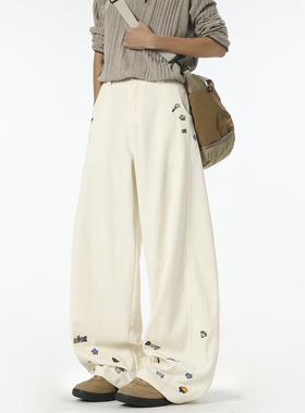 春季新款弯刀休闲裤男卡通绣花弯刀裤直筒工装阔腿裤夏季宽松情侣