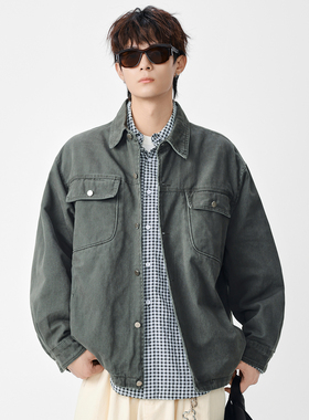 春季新款时尚休闲外套男士潮流感痞帅宽松街头复古翻领软壳夹克