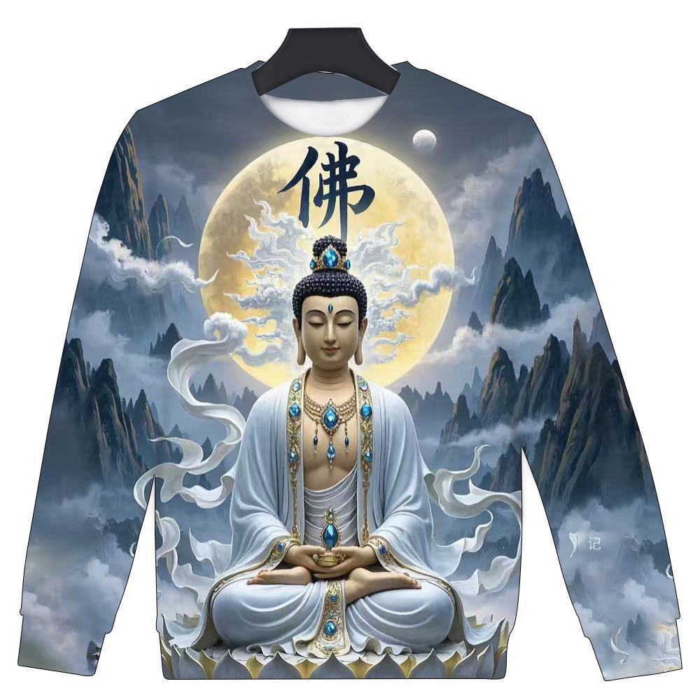 观音菩萨图腾3D印花圆领卫衣