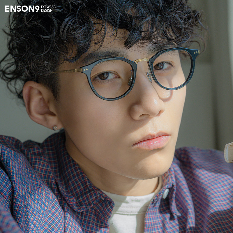 enson9日系复古花纹板材上平下圆框潮男女 纯钛拼色配近视平光镜
