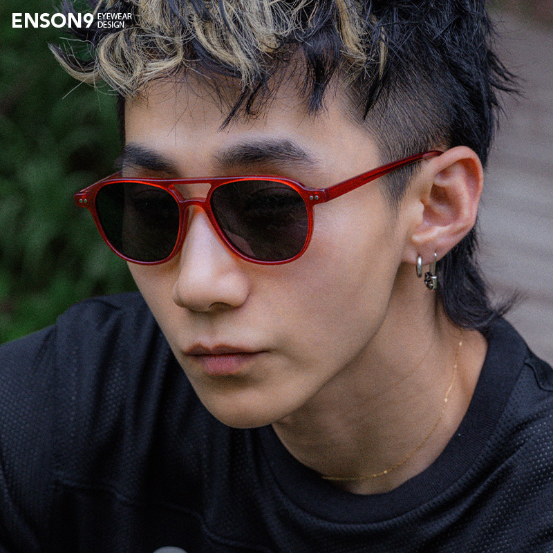 enson9复古飞行员板材蛤蟆镜潮男女 痞帅Y2K红色大方框偏光太阳镜
