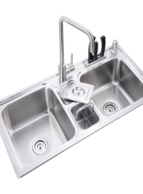 柔美厨房洗菜盆304不锈钢水槽家用双槽刀架沥水套餐B2-9144