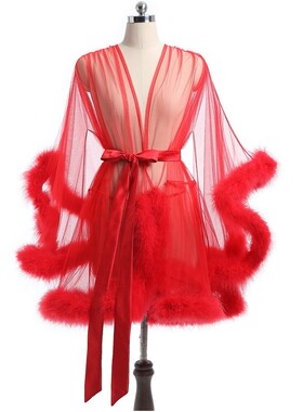 性感透明诱惑网纱毛毛浴袍礼服Sexy transparent gauze Cloak