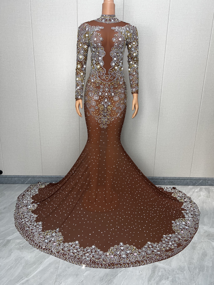 大裙摆时尚透视网纱闪亮水钻定制礼服酒会舞会派对晚礼服长裙金子