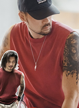 马登工装美式红色背心痞帅潮流外穿纯棉健身坎肩砍袖无袖T恤男夏