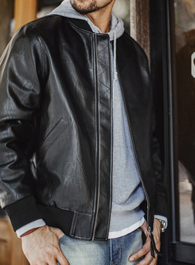 马登工装美式黑色MA1飞行员皮衣夹克痞帅短款荔枝纹短款外套男秋